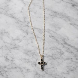 Gold Cross Pendant Necklace with Black Stones - Women's Jewelry